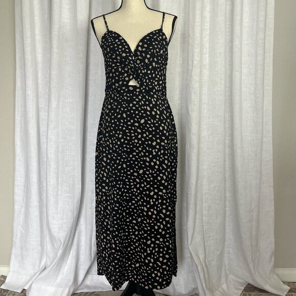 NWT Francesca’s Ridley Keyhole Midi Dress Black Tan Dot Print Size Large - Picture 2 of 9